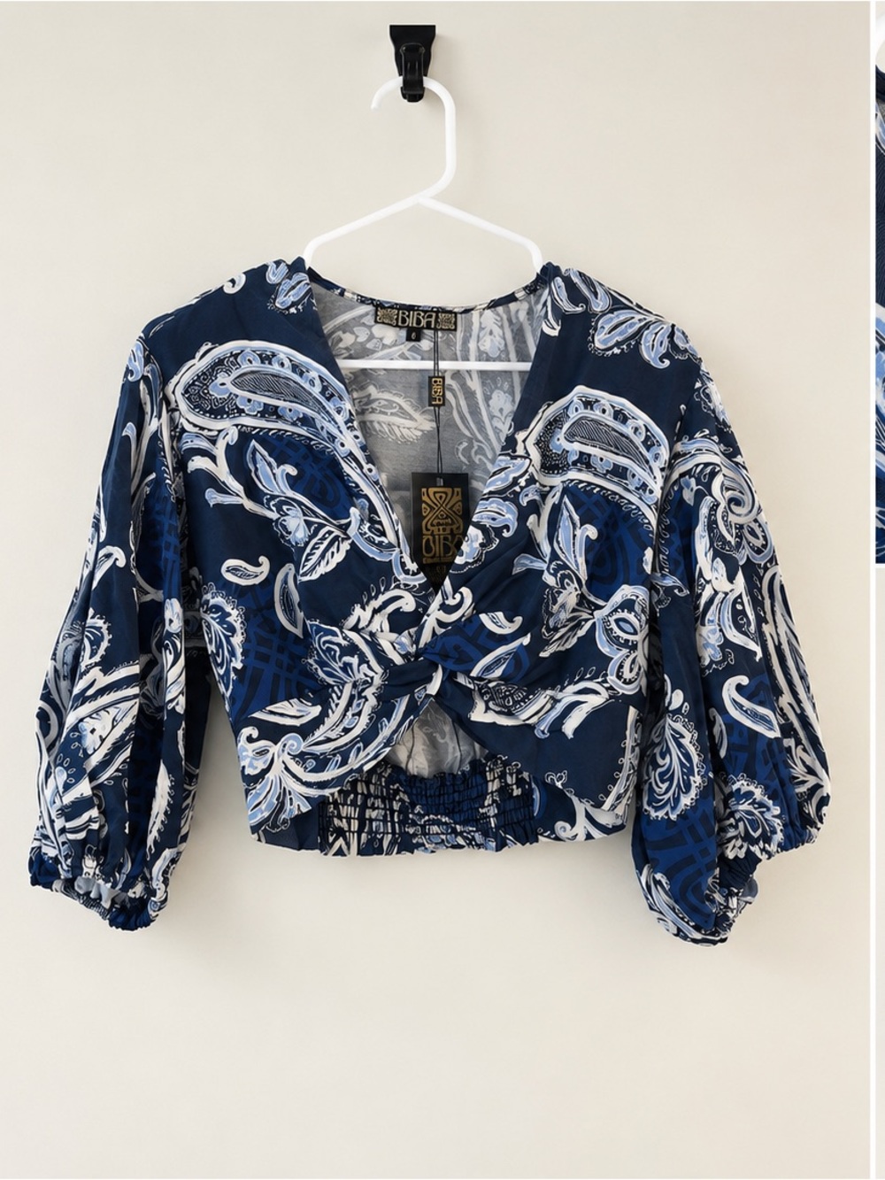 BIBA Navy and White Paisley Twist-Front Blouse